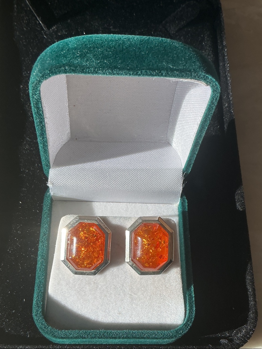 Men's Orange Octagon Cufflinks - Sterling Tone
